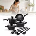 Juego de utensilios de cocina antiadherentes, ollas y sartenes de cocina con tapas de vidrio y utensilios de silicona, juego de menaje antiadherente apto para cocinas de gas e inducción