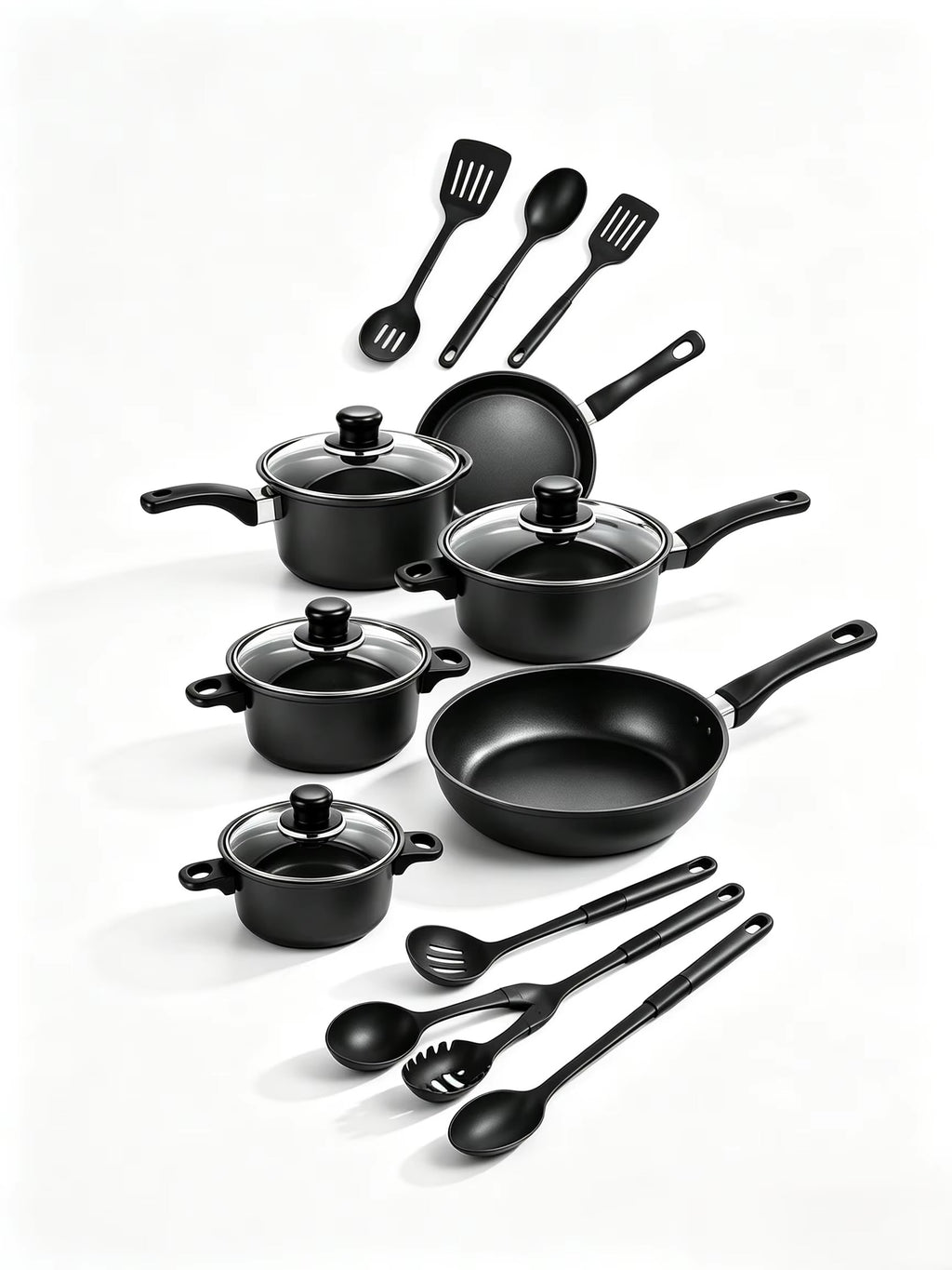 Juego de utensilios de cocina antiadherentes, ollas y sartenes de cocina con tapas de vidrio y utensilios de silicona, juego de menaje antiadherente apto para cocinas de gas e inducción