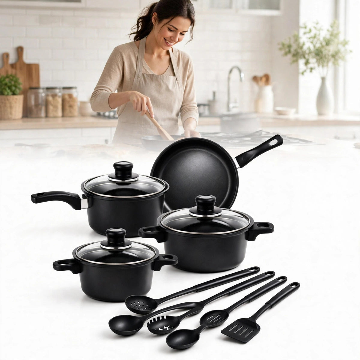 Nonstick Cookware Set with Glass Lids & Utensils – eco-friendly kitchen tool from Peakora (1 of 7)